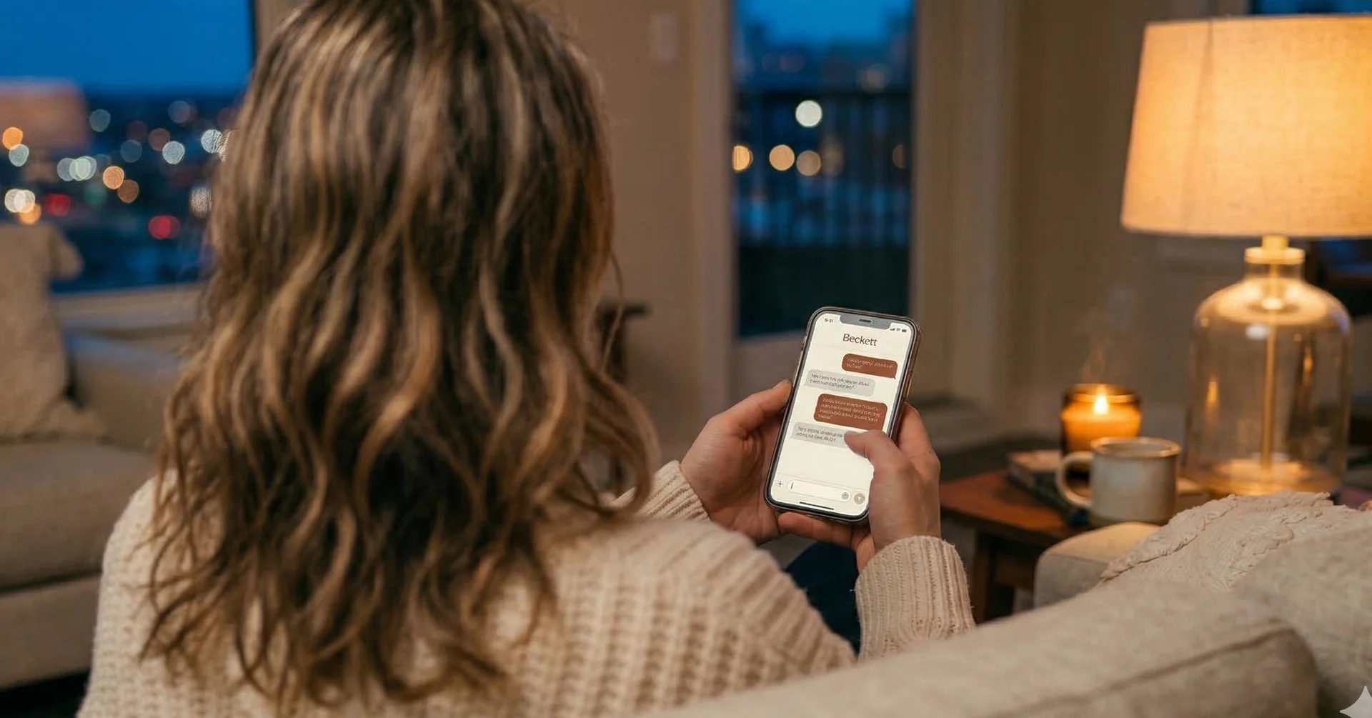 Person relaxing on a couch with their phone, using Beckett AI assistant
